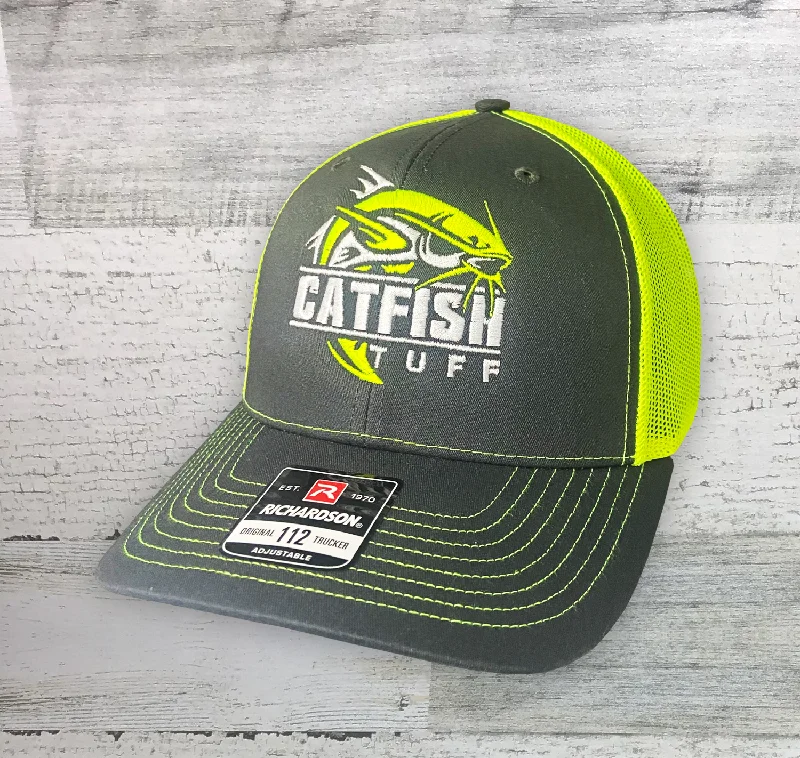 bite alarms for night fishing CATFISH TUFF - Fishing Hat - Neon - Charcoal/Neon Yellow Trucker Cap - snap back bite alarms for night fishing CATFISH TUFF - Fishing Hat - Neon - Charcoal/Neon Yellow Trucker Cap - snap back
