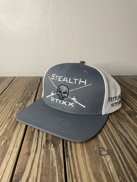 saltwater-ready spinning combos Grey on White Mesh Deluxe Trucker Hat - White Logo