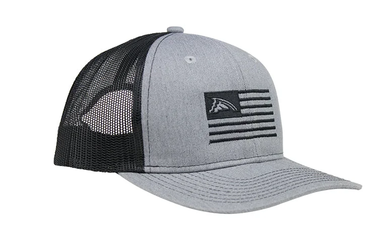 best artificial bait for trout Heather Gray & Black Flag Mesh Trucker Hat