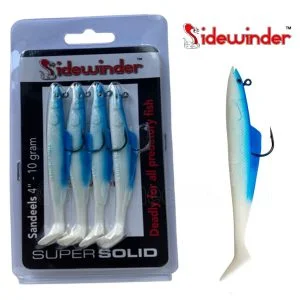 fluorocarbon vs braided fishing line Sidewinder Super Solid Sandeel 4" 10g Blue & White Pack Of 4 Fishing Lures